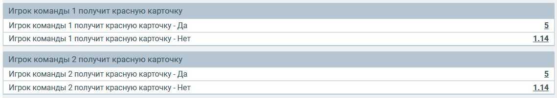 Красные карточки в матче в росписи на сайте букмекера Мелбет