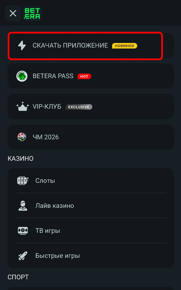 Кнопка скачивания в меню Бетера