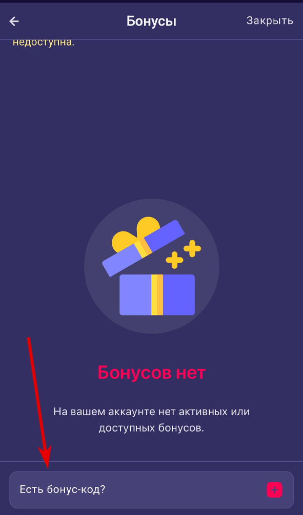 Ввод промокода в разделе Бонусов